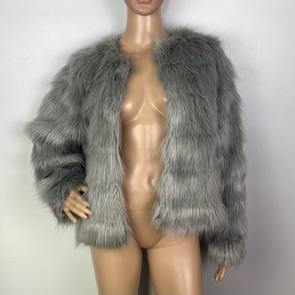 H&M GRAY SHORT FAUX FUR JACKET - Picture 2 of 7